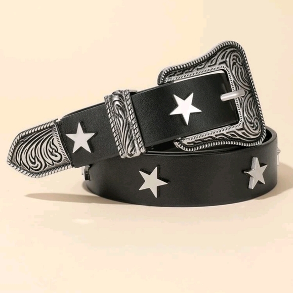 Western boho silver buckle black faux leather star studs waist belt - Picture 4 of 14